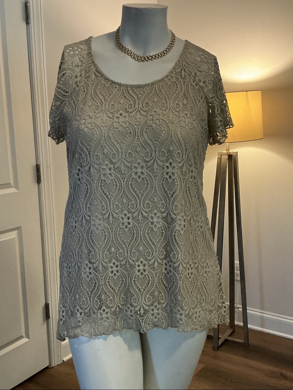 Brittany Black Taupe Lace Scoop Neck Short Sleeve Top